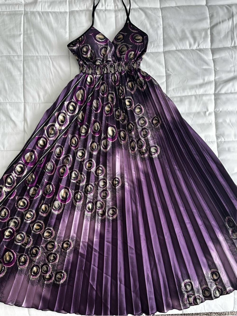 Purple Pleated Maxi Dress Step in Style Peacock Pattern Dress Size S NWOT